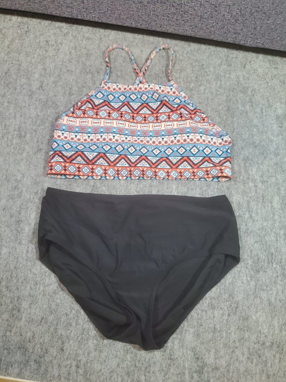 Charmleaks High Neck Halter High Waist Bikini Swimsuit Green Tribal Black Size S